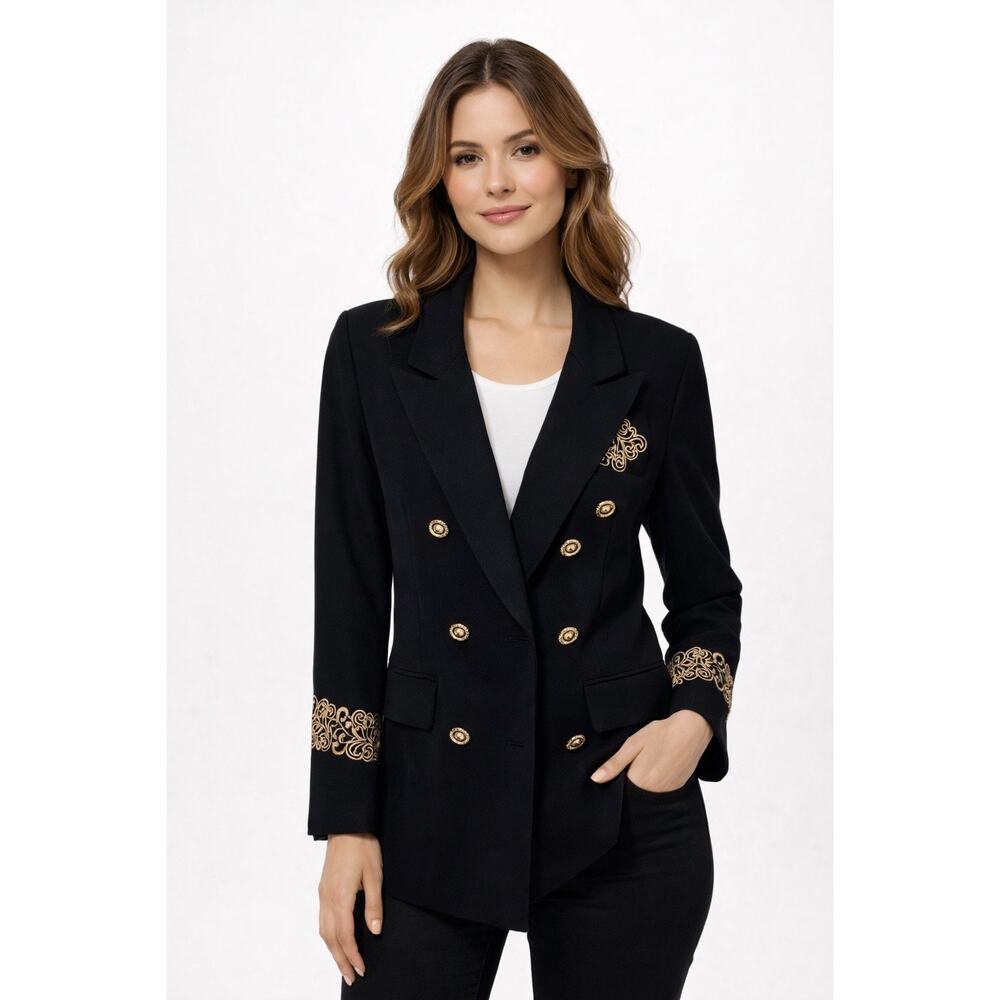 Moza New‎ York Black Gold 100% Wool Blazer Regency Acedamia Preppy Womens 7/8